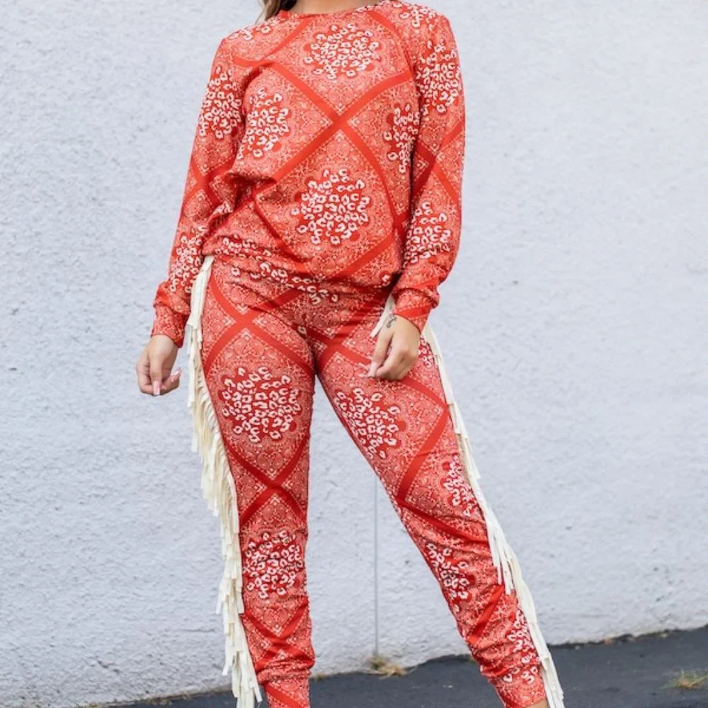 NEW Red Leopard Bandana Straight Leg Jogger Set w/ Creme Fringe (2 pieces) - Picture 1 of 1